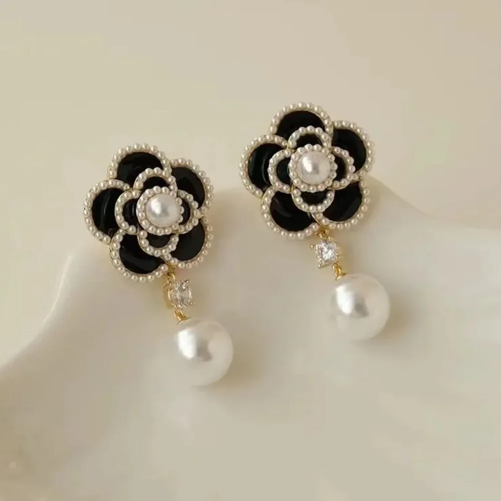 flower pearl drop earrings A206